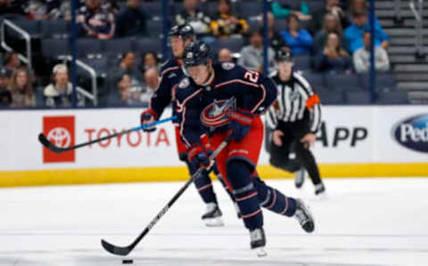 Sep 25, 2022; Columbus, Ohio, USA; Columbus Blue Jackets left wing Patrik Laine (29) brings the puck up ice during the second period against the Pittsburgh Penguins at Nationwide Arena. Mandatory Credit: Joseph Maiorana-USA TODAY Sports