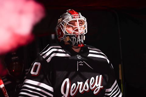 Nico Daws #50 of the New Jersey Devils enters the ice prior to the gme against the St. Louis Blues on March 6, 2022 at the Prudential Center in Newark, New Jersey. (Photo by Rich Graessle/Getty Images)