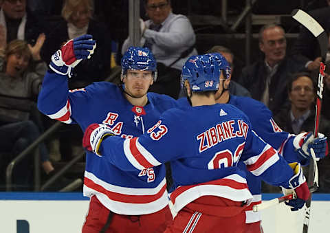 NEW YORK, NY – NOVEMBER 08: The New York Rangers celebrate a goal by Pavel Buchnevich