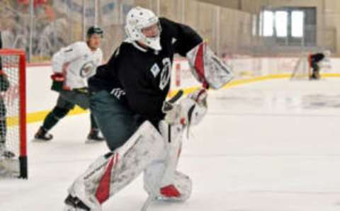 SAINT PAUL, MN – JUNE 28: Minnesota Wild Development Camp attendee Mat Robson (42) plays the puck during the Minnesota Wild Development Camp 3-on-3 Tournament on June 28, 2019 at TRIA Rink at Treasure Island Center in St. Paul, MN (Photo by Nick Wosika/Icon Sportswire via Getty Images)