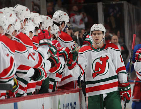 Nico Hischier #13 of the New Jersey Devils. (Photo by Bruce Bennett/Getty Images)