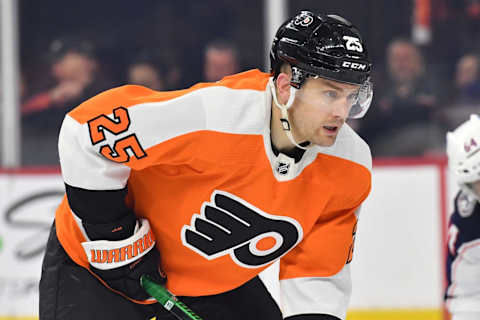 Apr 11, 2023; Philadelphia, Pennsylvania, USA; Philadelphia Flyers left wing James van Riemsdyk (25) against the Columbus Blue Jackets at Wells Fargo Center. Mandatory Credit: Eric Hartline-USA TODAY Sports