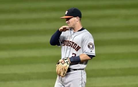 Sep 7, 2016; Cleveland, OH, USA; Houston Astros shortstop Alex Brregman (2) reacts to bugs flying over the infield in the fourth inning against the Cleveland Indians at Progressive Field. Mandatory Credit: David Richard-USA TODAY Sports