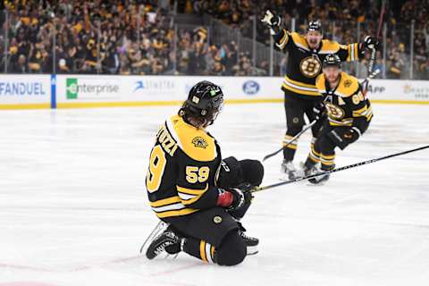 Apr 30, 2023; Boston, Massachusetts, USA; Boston Bruins left wing Tyler Bertuzzi (59)  Mandatory Credit: Bob DeChiara-USA TODAY Sports