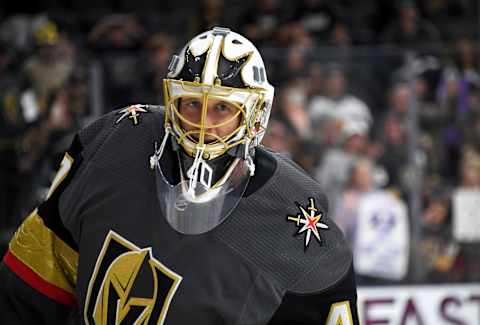 LAS VEGAS, NEVADA – SEPTEMBER 15: Garret Sparks #40 of the Vegas Golden Knights skates during warmups before a preseason game against the Arizona Coyotes at T-Mobile Arena on September 15, 2019 in Las Vegas, Nevada. The Golden Knights defeated the Coyotes 6-2. (Photo by Ethan Miller/Getty Images)