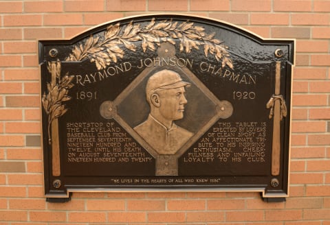 CLEVELAND, OH – APRIL 10: A detailed view of the plaque honoring former Cleveland Indians (now-named Cleveland Guardians) shortstop Ray Chapman displayed in Heritage Park inside Progressive Field. Chapman was killed after he was hit by a pitch in the head by Yankees pitcher Carl Mays in 1920. (Photo by Mark Cunningham/MLB Photos via Getty Images)