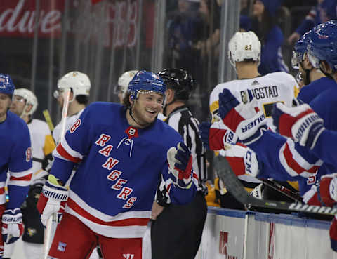 NEW YORK, NEW YORK – MARCH 25: Brendan Lemieux #48 of the New York Rangers celebrates his goal against the Pittsburgh Penguins at 8:25 of the first period at Madison Square Garden on March 25, 2019 in New York City. (Photo by Bruce Bennett/Getty Images)