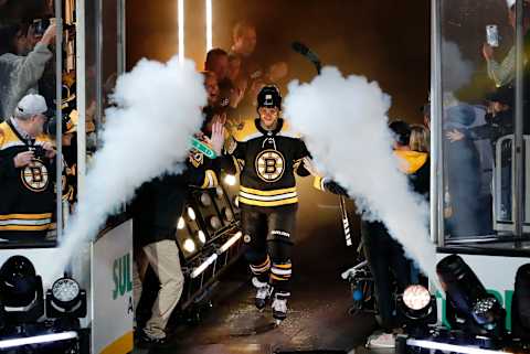 BOSTON, MA – OCTOBER 12: Boston Bruins right wing David Pastrnak (88) is introduced for the home opener before a game between the Boston Bruins and the New Jersey Devils on October 12, 2019, at TD Garden in Boston, Massachusetts. (Photo by Fred Kfoury III/Icon Sportswire via Getty Images)