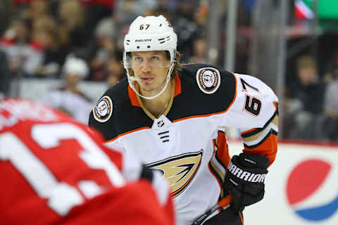 NEWARK, NJ – DECEMBER 18: Anaheim Ducks left wing Rickard Rakell (67) during the National Hockey League game between the New Jersey Devils and the Anaheim Ducks on December 18, 2019, at the Prudential Center in Newark, N J. (Photo by Rich Graessle/Icon Sportswire via Getty Images)