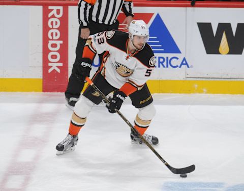 Feb 14, 2017; Saint Paul, MN, USA; Anaheim Ducks defenseman Shea Theodore (53) carries the puck across center ice during the third period against the Minnesota Wild at Xcel Energy Center. The Ducks won 1-0. Mandatory Credit: Marilyn Indahl-USA TODAY Sports