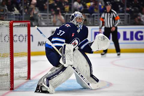 Mar 25, 2023; Los Angeles, California, USA; Winnipeg Jets goaltender Connor Hellebuyck Credit: Gary A. Vasquez-USA TODAY Sports