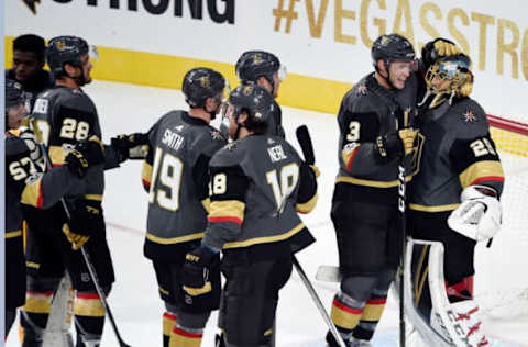 LAS VEGAS, NV – OCTOBER 10: The Vegas Golden Knights celebrate their victory over the Arizona Coyotes, 5-2, after the Golden Knights’ inaugural regular-season home opener at T-Mobile Arena on October 10, 2017 in Las Vegas, Nevada. (Photo by David Becker/NHLI via Getty Images)