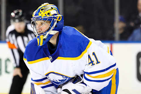 Mar 27, 2022; New York, New York, USA; Buffalo Sabres goaltender Craig Anderson (41) defends the goal against the New York Rangers at Madison Square Garden. Mandatory Credit: Jessica Alcheh-USA TODAY Sports