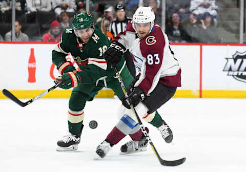 ST. PAUL, MN – MARCH 13: Minnesota Wild Left Wing Jason Zucker (16) and Colorado Avalanche Left Wing Matt Nieto (83) battle for a loose puck during a NHL game between the Minnesota Wild and Colorado Avalanche on March 13, 2018 at Xcel Energy Center in St. Paul, MN. The Avalanche defeated the Wild 5-1.(Photo by Nick Wosika/Icon Sportswire via Getty Images)