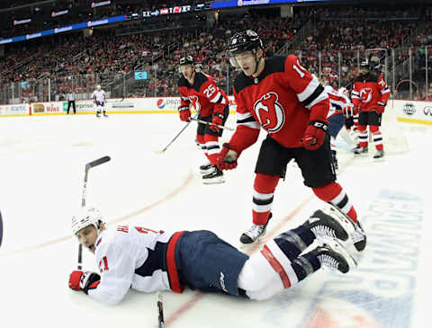 NEWARK, NEW JERSEY – FEBRUARY 22: Garnet Hathaway #21 of the Washington Capitals  . (Photo by Bruce Bennett/Getty Images)