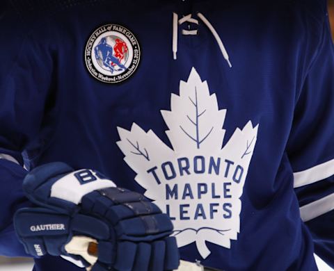 TORONTO, ONTARIO – NOVEMBER 15: A closeup of the Toronto Maple Leafs logo. (Photo by Bruce Bennett/Getty Images)