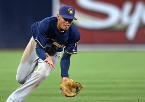 Aug 2, 2016; San Diego, CA, USA; Milwaukee Brewers shortstop Orlando Arcia fields a ball off the bat of San Diego Padres first baseman Wil Myers (not pictured) during the eighth inning at Petco Park. Mandatory Credit: Jake Roth-USA TODAY Sports