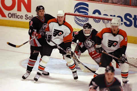 22 Apr 1998: Goaltender Dominik Hasek of the Buffalo Sabres in action during a game against the Philadelphia Flyers at the Corestates Center in Philadelphia, Pennsylvania. The Sabres defeated the Flyers 3-2. Mandatory Credit: Craig Melvin /Allsport