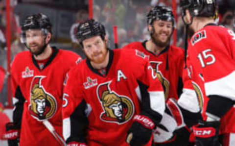 OTTAWA, ON – MAY 6: Tom Pyatt #10, Chris Neil #25, Fredrik Claesson #33 and Zack Smith #15 of the Ottawa Senators celebrate their overtime win against the New York Rangers in Game Five of the Eastern Conference Second Round during the 2017 NHL Stanley Cup Playoffs at Canadian Tire Centre on May 6, 2017,in Ottawa, Ontario, Canada. (Photo by Jana Chytilova/Freestyle Photography/Getty Images) *** Local Caption ***