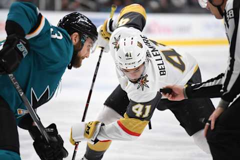 SAN JOSE, CA – APRIL 12: Pierre-Edouard Bellemare #41 of the Vegas Golden Knights faces off with Barclay Goodrow #23 of the San Jose Sharks during the second period in Game Two of the Western Conference First Round during the 2019 Stanley Cup Playoffs at SAP Center on April 12, 2019 in San Jose, California. (Photo by Jeff Bottari/NHLI via Getty Images)