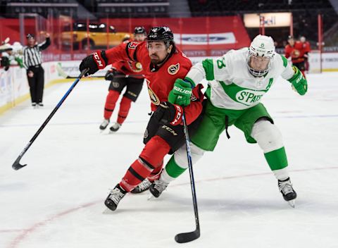 OTTAWA, ON – MARCH 14: Nick Paul #13 of the Ottawa Senators battles for position against Jake Muzzin #8 the Toronto Maple Leafs   (Photo by Matt Zambonin/Freestyle Photography/Getty Images)