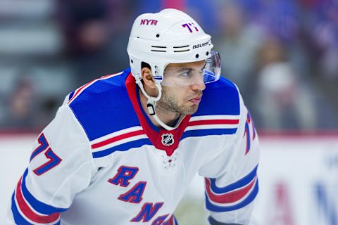 OTTAWA, ON – FEBRUARY 17: New York Rangers Defenceman Tony DeAngelo (77) prepares for a face-off during first period National Hockey League action between the New York Rangers and Ottawa Senators on February 17, 2018, at Canadian Tire Centre in Ottawa, ON, Canada. (Photo by Richard A. Whittaker/Icon Sportswire via Getty Images)