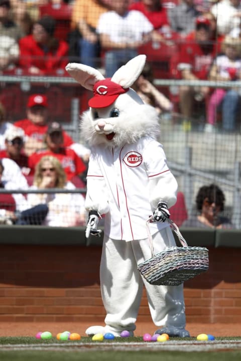 The Easter Bunny drops eggs on the field in between innings of a Cincinnati Reds game.