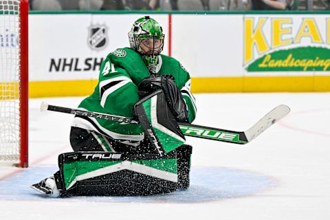 Apr 3, 2023; Dallas, Texas, USA; Dallas Stars goaltender Scott Wedgewood (41) makes a save on a Nashville Predators shot during the third period at the American Airlines Center. Mandatory Credit: Jerome Miron-USA TODAY Sports