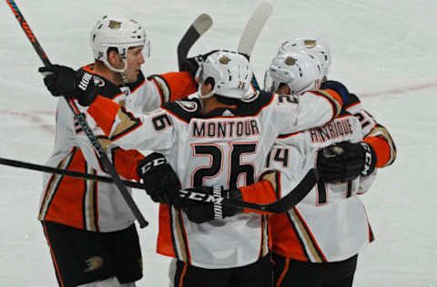 ST. PAUL, MN – JANUARY 17: Adam Henrique #14 of the Anaheim Ducks celebrates his 1st period goal with Brandon Montour #26 of the Anaheim Ducks and Nick Ritchie #37 of the Anaheim Ducks during a game with the Minnesota Wild at Xcel Energy Center on January 17, 2018 in St. Paul, Minnesota. (Photo by Bruce Kluckhohn/NHLI via Getty Images)