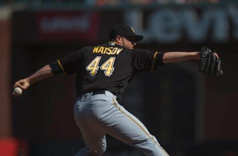 Aug 17, 2016; San Francisco, CA, USA; Pittsburgh Pirates relief pitcher Tony Watson (44) throws a pitch during the ninth inning against the San Francisco Giants at AT&T Park. Mandatory Credit: Kenny Karst-USA TODAY Sports. MLB.