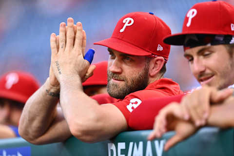 Aug 5, 2022; Philadelphia, Pennsylvania, USA; Philadelphia Phillies outfielder Bryce Harper (3) looks on before the game against the Washington Nationals at Citizens Bank Park. Mandatory Credit: Kyle Ross-USA TODAY Sports