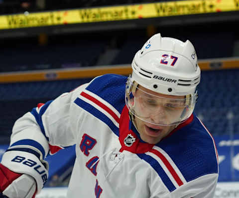 BUFFALO, NY – JANUARY 26: Jack Johnson #27 of the New York Rangers during the game against the Buffalo Sabres at KeyBank Center on January 26 , 2021 in Buffalo, New York. (Photo by Kevin Hoffman/Getty Images)