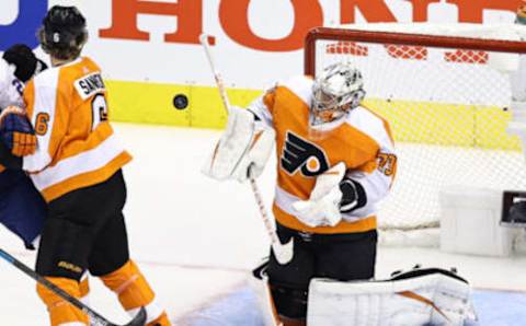 TORONTO, ONTARIO – SEPTEMBER 05: Carter Hart #79 of the Philadelphia Flyers stops a shot against the New York Islanders during the first period in Game Seven of the Eastern Conference Second Round during the 2020 NHL Stanley Cup Playoffs at Scotiabank Arena on September 05, 2020 in Toronto, Ontario. (Photo by Elsa/Getty Images)