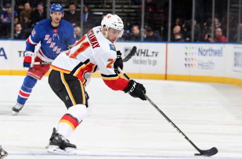 NEW YORK, NY – OCTOBER 21: Garnet Hathaway #21 of the Calgary Flames skates with the puck against the New York Rangers at Madison Square Garden on October 21, 2018 in New York City. The Calgary Flames won 4-1. (Photo by Jared Silber/NHLI via Getty Images)