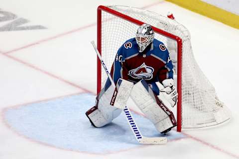 DENVER, COLORADO – APRIL 26: Alexandar Georgiev #40 of the Colorado Avalanche tends goal against the Seattle Kraken in the third period during Game Five of the First Round of the 2023 Stanley Cup Playoffs at Ball Arena on April 26, 2023 in Denver, Colorado. (Photo by Matthew Stockman/Getty Images)