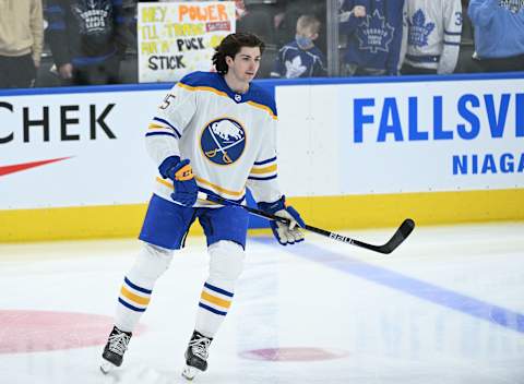 Apr 12, 2022; Toronto, Ontario, CAN; Buffalo Sabres defenseman Owen Power (25) warms up before playing the Toronto Maple Leafs at Scotiabank Arena. Mandatory Credit: Dan Hamilton-USA TODAY Sports