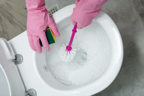 person cleaning a toilet