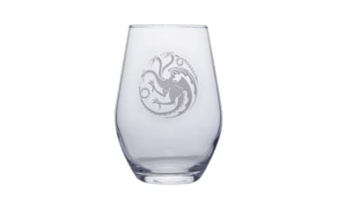 A tapered stemless glass with the Targaryen Sigil on it