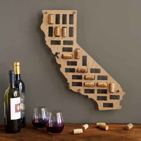 Wine cork holder in the shape of a state.