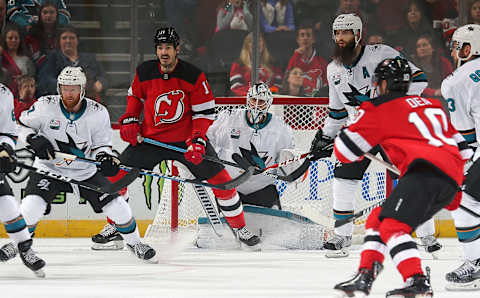 NEWARK, NJ – OCTOBER 14: Martin Jones #31 of the San Jose Sharks defends his net against the New Jersey Devils during the game at Prudential Center on October 14, 2018 in Newark, New Jersey. (Photo by Andy Marlin/NHLI via Getty Images)