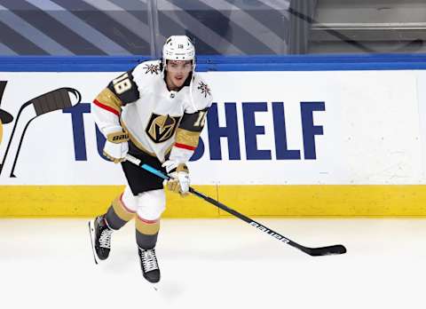 Peyton Krebs #18 of the Vegas Golden Knights skates in warm-ups prior to the game against the Dallas Stars in Game Four of the Western Conference Final. (Photo by Bruce Bennett/Getty Images)