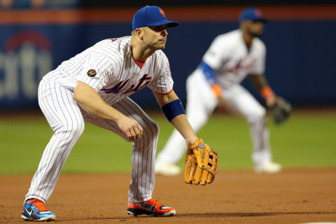 Sep 29, 2018; New York City, NY, USA; New York Mets third baseman David Wright (5) and New York Mets shortstop Jose Reyes (7) play the field during the first inning against the Miami Marlins at Citi Field. Mandatory Credit: Brad Penner-USA TODAY Sports