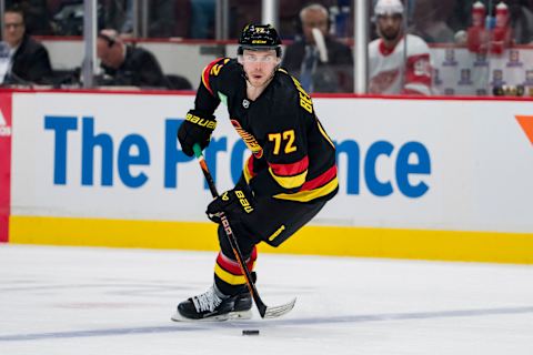 Feb 13, 2023; Vancouver, British Columbia, CAN; Vancouver Canucks forward Anthony Beauvillier (72) handles the puck against the Detroit Red Wings in the first period at Rogers Arena. Mandatory Credit: Bob Frid-USA TODAY Sports