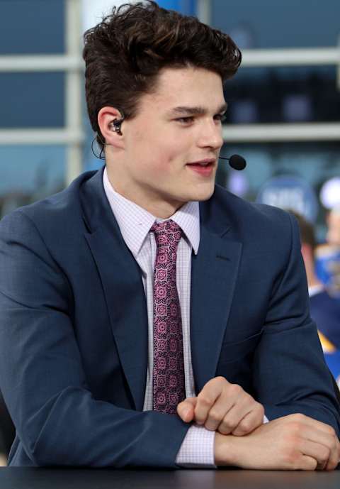 ST LOUIS, MISSOURI – JUNE 03: NHL top prospect Alex Turcotte speaks to the panel on the NHL Network before Game Four of the 2019 NHL Stanley Cup Final between the Boston Bruins and the St. Louis Blues at Enterprise Center on June 03, 2019 in St Louis, Missouri. (Photo by Dave Sandford/NHLI via Getty Images)