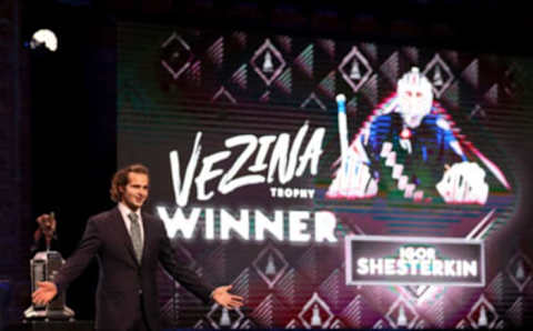 TAMPA, FLORIDA – JUNE 21: Igor Shesterkin of the New York Rangers reacts after being awarded the Vezina Trophy for outstanding goaltender during the 2022 NHL Awards at Armature Works on June 21, 2022 in Tampa, Florida. (Photo by Bruce Bennett/Getty Images)