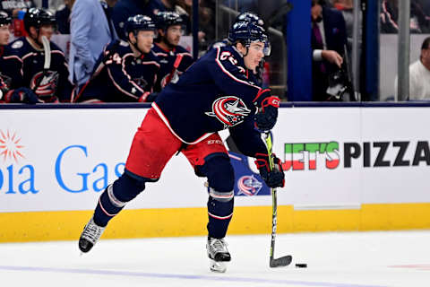 COLUMBUS, OHIO – OCTOBER 25: Jake Bean #22 of the Columbus Blue Jackets controls the puck during a game against the Arizona Coyotes at Nationwide Arena on October 25, 2022 in Columbus, Ohio. (Photo by Emilee Chinn/Getty Images)