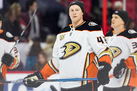 OTTAWA, ON – FEBRUARY 07: Anaheim Ducks Defenceman Josh Manson (42) wears a DFID (Do It For Daron) hat during warm-up before National Hockey League action between the Anaheim Ducks and Ottawa Senators on February 7, 2019, at Canadian Tire Centre in Ottawa, ON, Canada. (Photo by Richard A. Whittaker/Icon Sportswire via Getty Images)