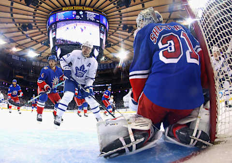 NEW YORK, NEW YORK – DECEMBER 15: Braden Schneider #4 and Igor Shesterkin #31 of the New York Rangers  . (Photo by Bruce Bennett/Getty Images)