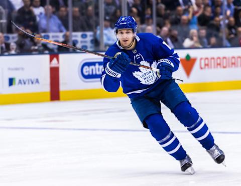 TORONTO, ON – DECEMBER 6: Zach Hyman #11 of the Toronto Maple Leafs skates against the Detroit Red Wings during the second period at the Scotiabank Arena on December 6, 2018 in Toronto, Ontario, Canada. (Photo by Kevin Sousa/NHLI via Getty Images)