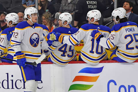 Apr 17, 2022; Philadelphia, Pennsylvania, USA; Buffalo Sabres right wing Tage Thompson (72) celebrates his goal with teammates against the Philadelphia Flyers during the second period at Wells Fargo Center. Mandatory Credit: Eric Hartline-USA TODAY Sports